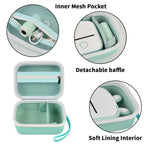 Mint green label maker case interior with mesh pocket, removable divider, and soft lining