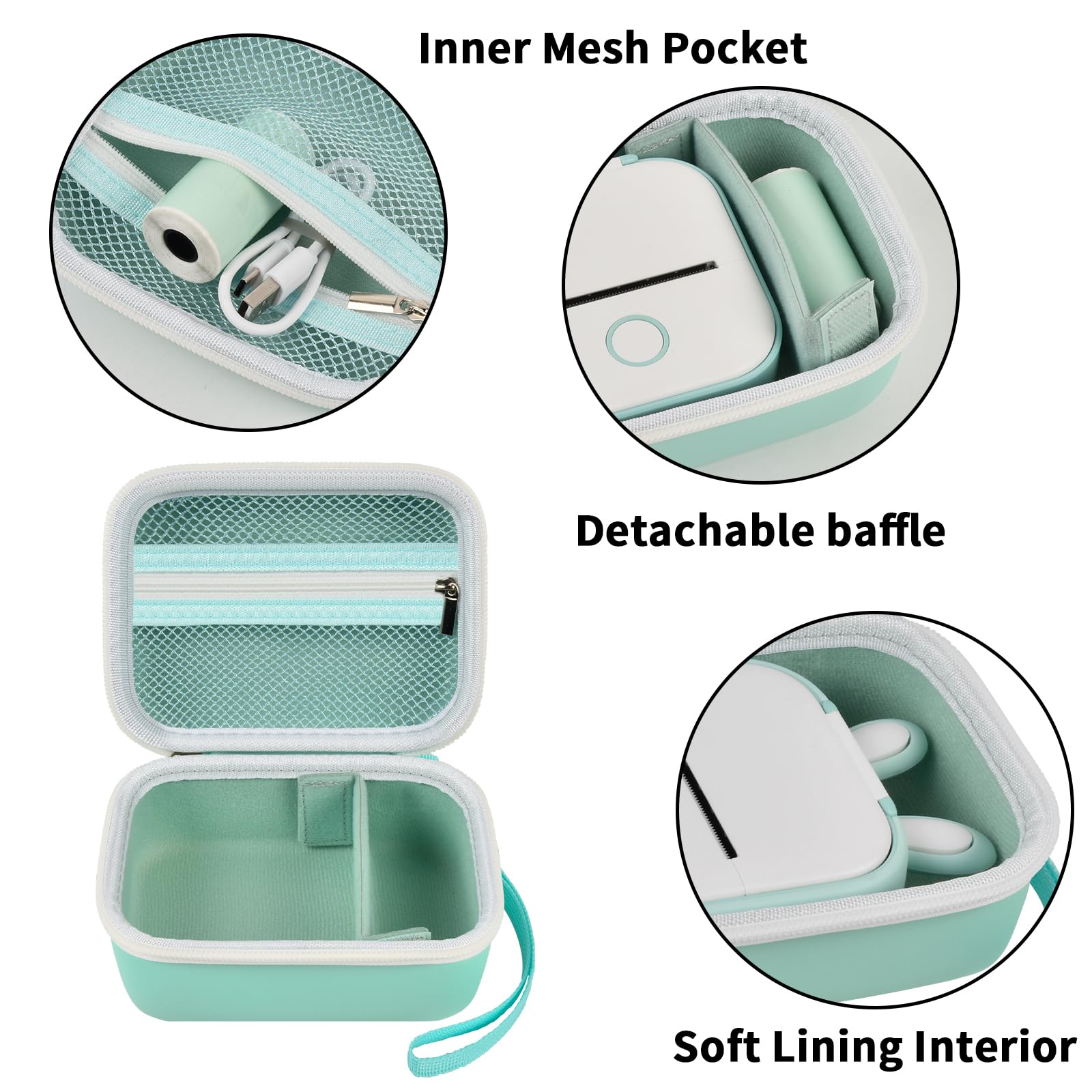 Mint green label maker case interior with mesh pocket, removable divider, and soft lining
