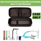 Open brown hard stethoscope case with organized compartments for medical accessories