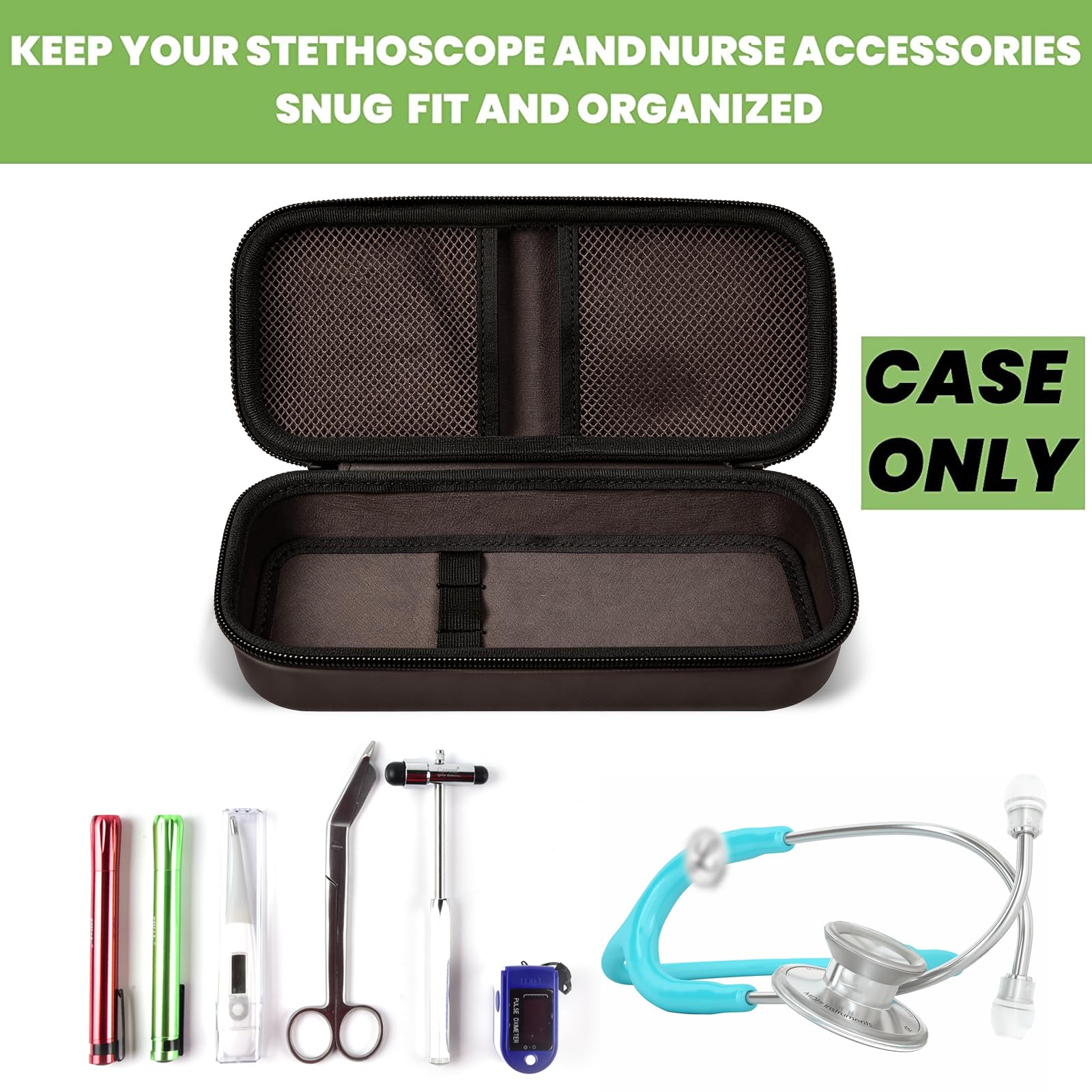 Open brown hard stethoscope case with organized compartments for medical accessories