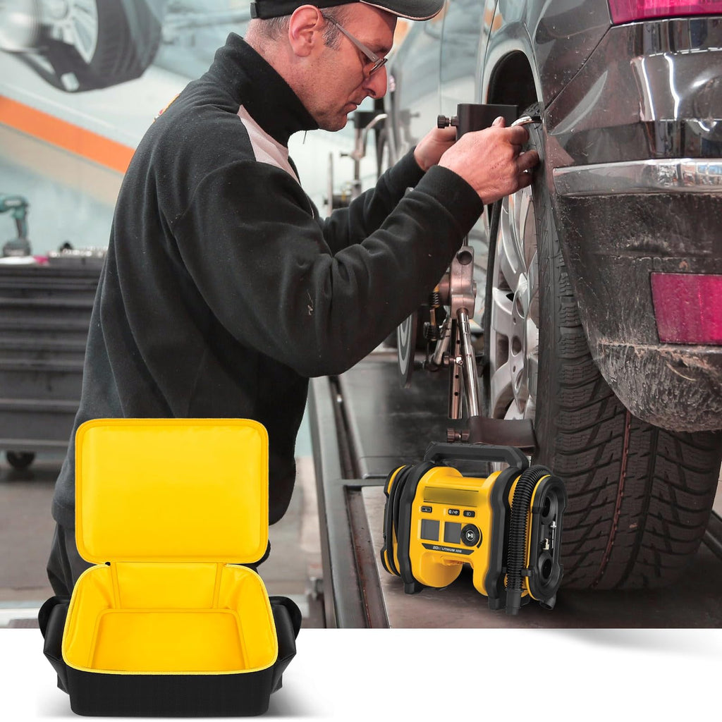 Open yellow-lined air compressor bag beside a DEWALT tire inflator during tire maintenance