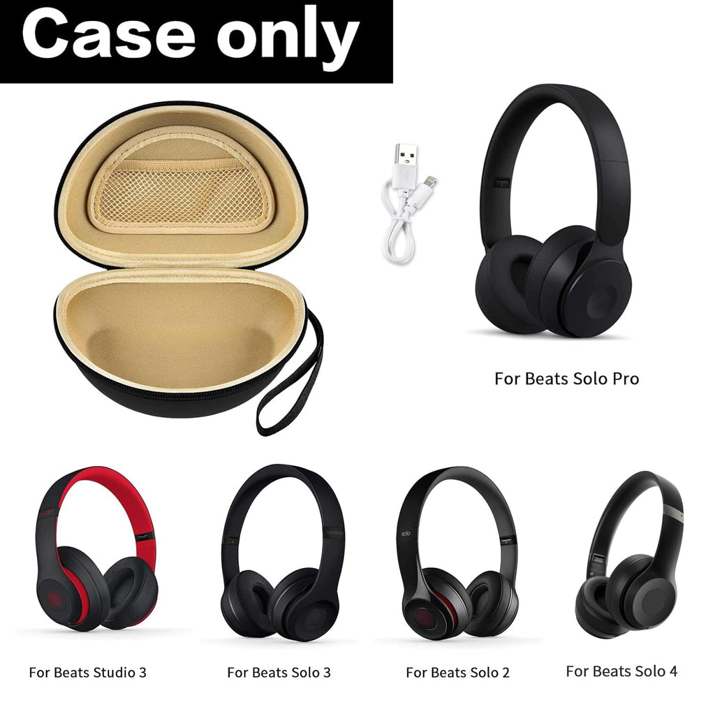Open beige and black foldable headphone case shown with compatible Beats Solo and Studio headphones; case only