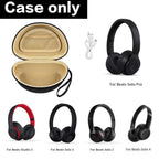 Open beige and black foldable headphone case shown with compatible Beats Solo and Studio headphones; case only
