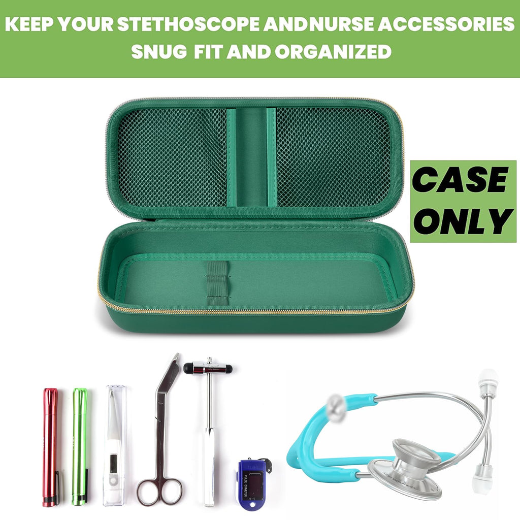 Open dark green hard stethoscope case with organized compartments for medical accessories