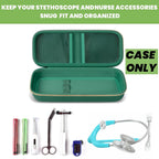Open dark green hard stethoscope case with organized compartments for medical accessories