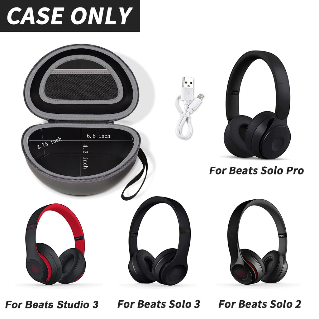 Open black foldable headphone case shown with compatible Beats Solo and Studio headphones; case only