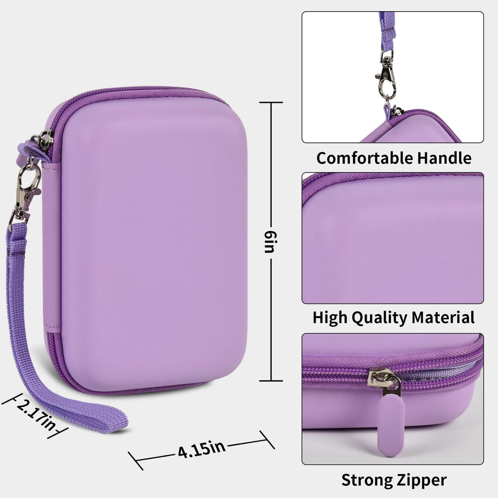 Lavender retro handheld console carrying case dimensions, wrist strap, shell material and zipper overview