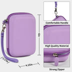Lavender retro handheld console carrying case dimensions, wrist strap, shell material and zipper overview