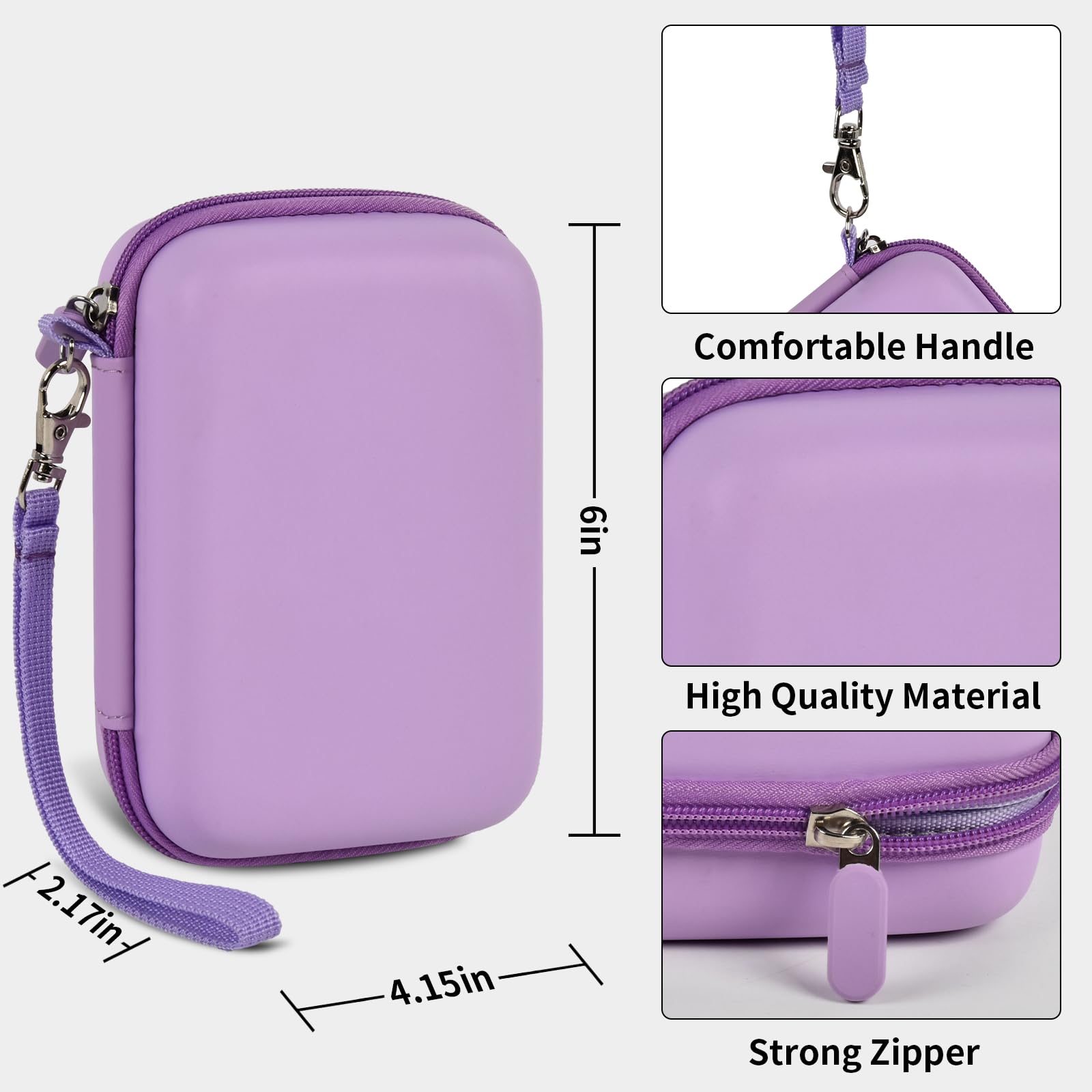 Lavender retro handheld console carrying case dimensions, wrist strap, shell material and zipper overview