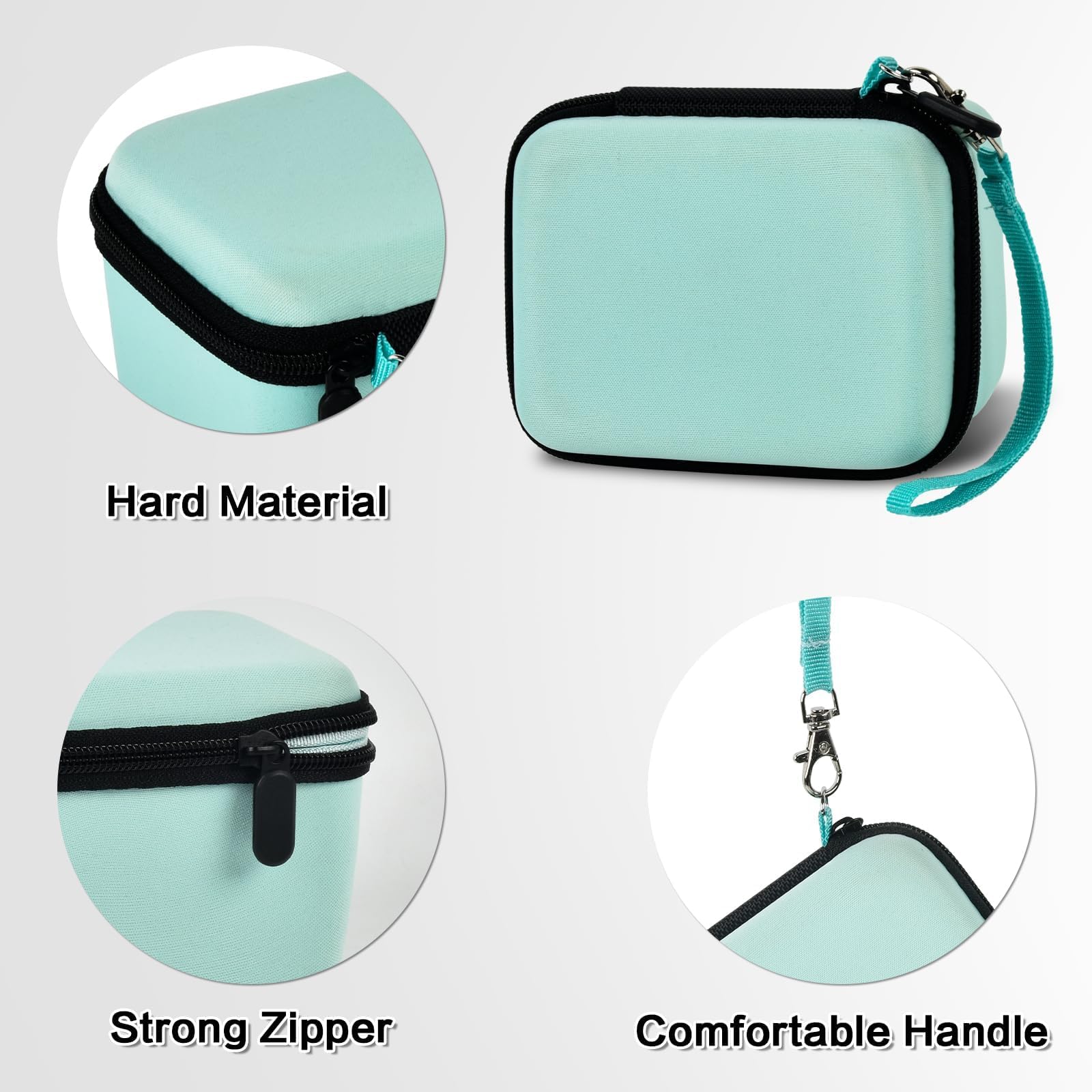 Mint green camera case with hard EVA shell, strong zipper, and carrying strap