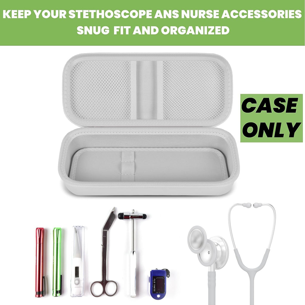 Open gray hard stethoscope case with organized compartments for medical accessories