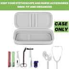 Open gray hard stethoscope case with organized compartments for medical accessories