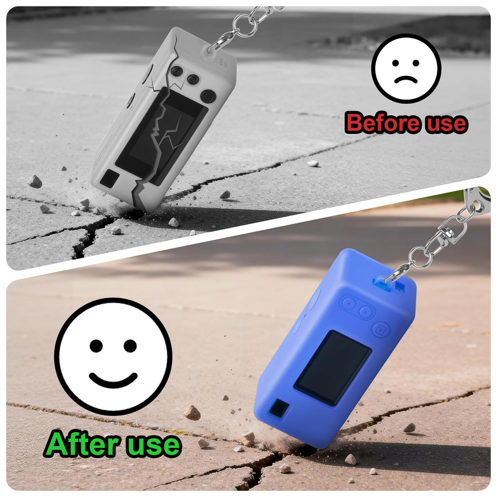 Blue with retro camera graphic silicone case for Kodak Charmera keychain camera drop-protection demonstration with keychain attached