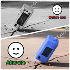 Blue with retro camera graphic silicone case for Kodak Charmera keychain camera drop-protection demonstration with keychain attached
