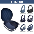 Open navy blue headphone case shown with compatible Sony and JBL over-ear headphones