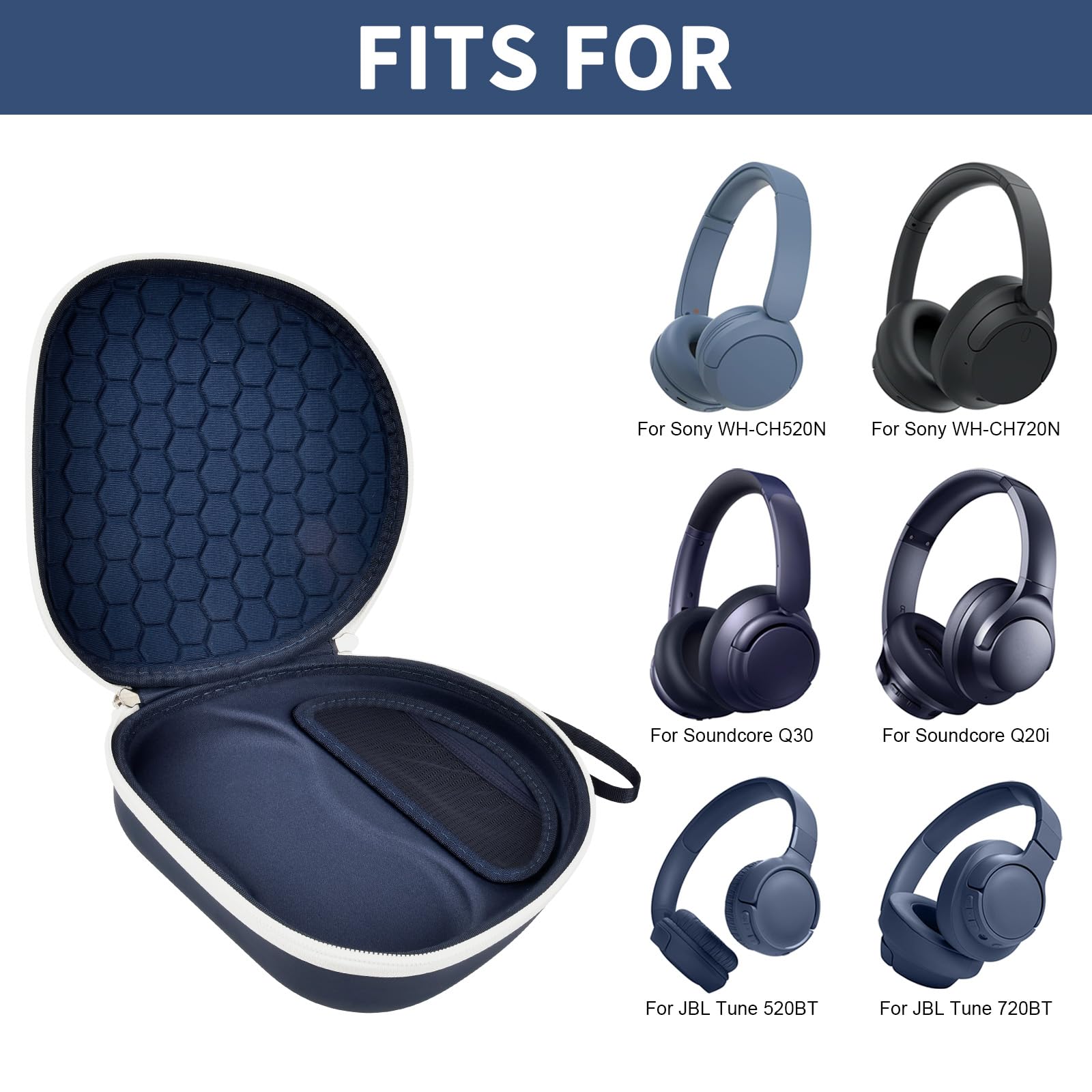 Open navy blue headphone case shown with compatible Sony and JBL over-ear headphones