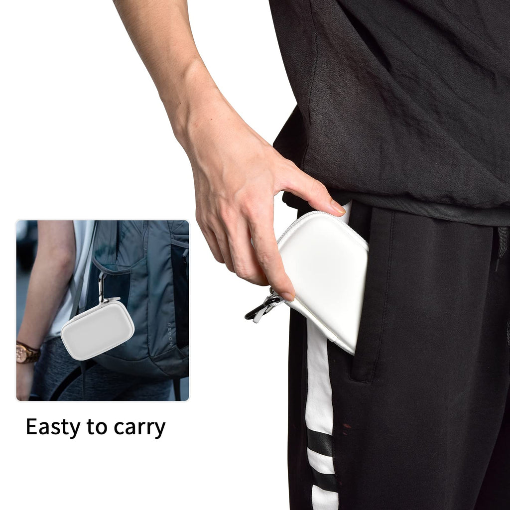Person carrying the white SSD case by its carabiner