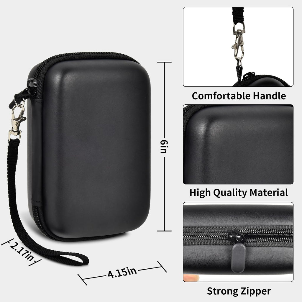 Black retro handheld console carrying case dimensions, wrist strap, shell material and zipper overview