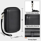 Black retro handheld console carrying case dimensions, wrist strap, shell material and zipper overview