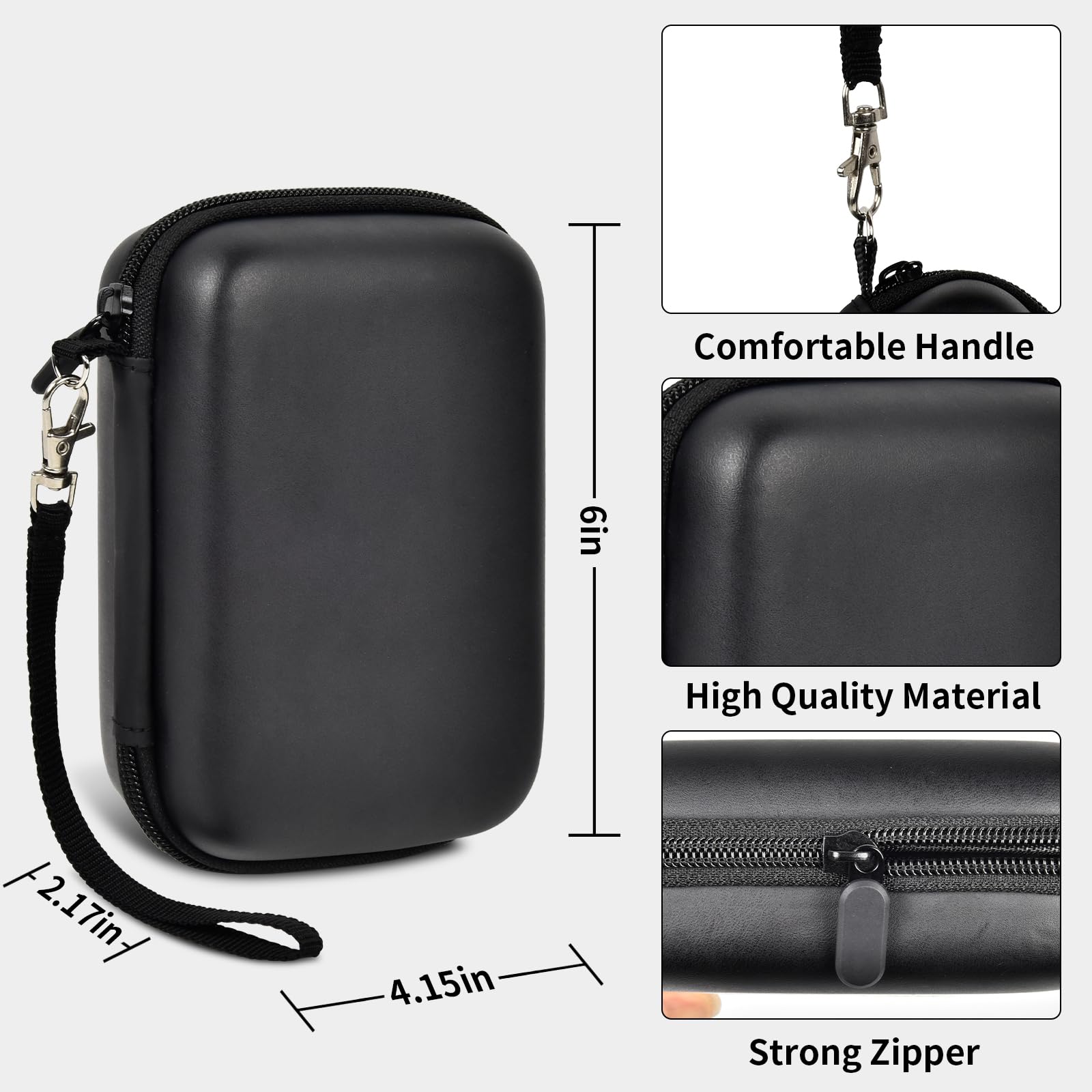 Black retro handheld console carrying case dimensions, wrist strap, shell material and zipper overview