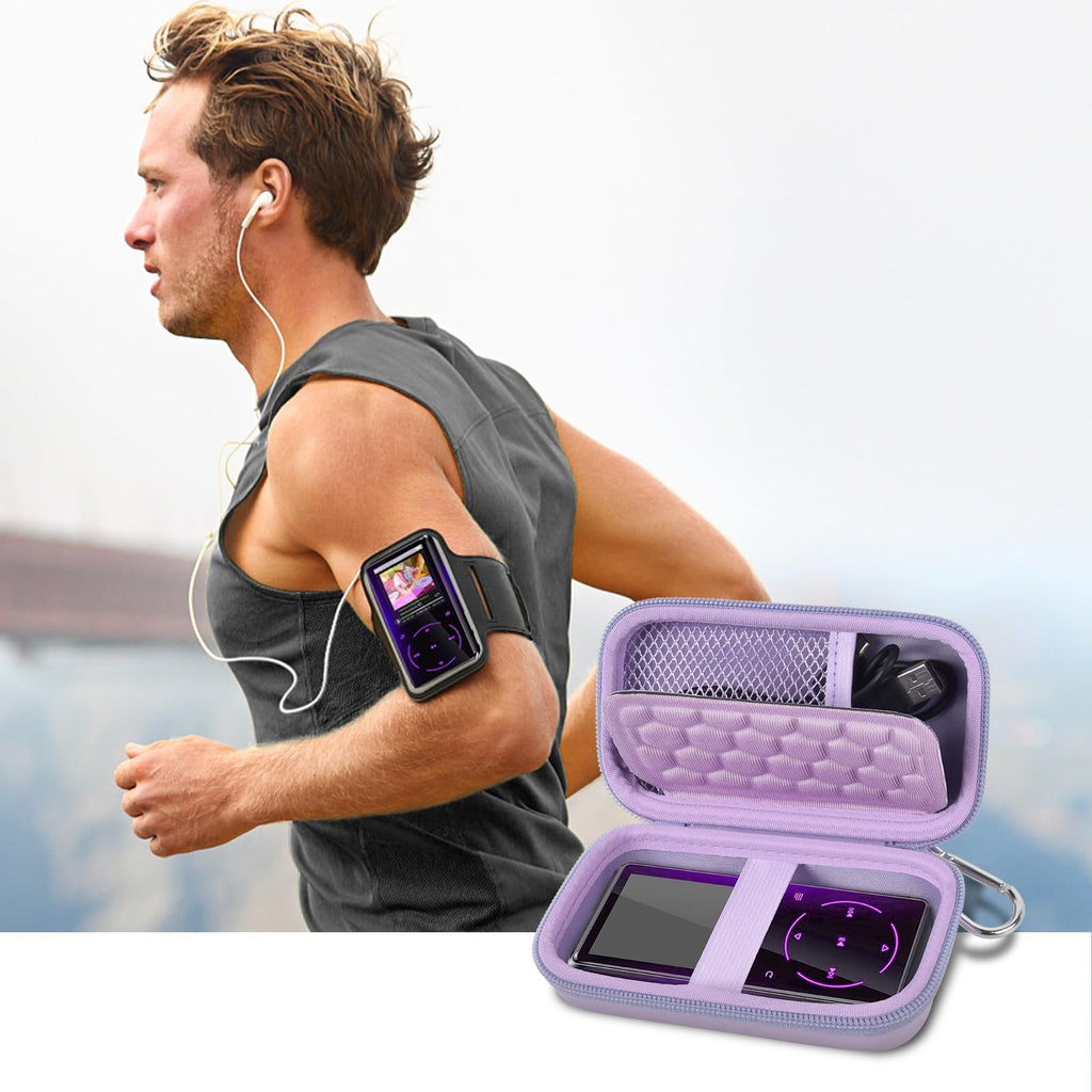 Runner using an MP3 player beside the open lavender protective case