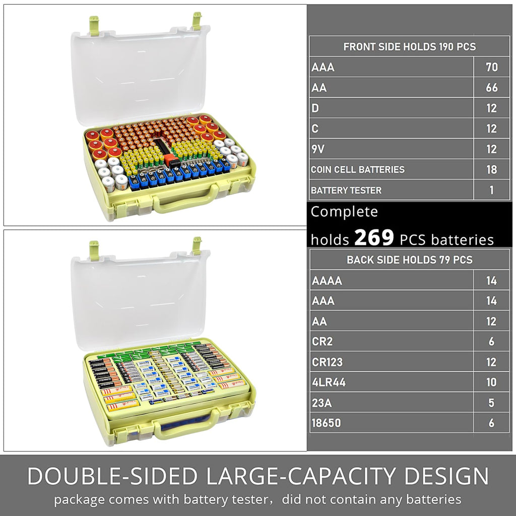 Lime green 269-slot battery organizer case capacity chart for 269 battery slots