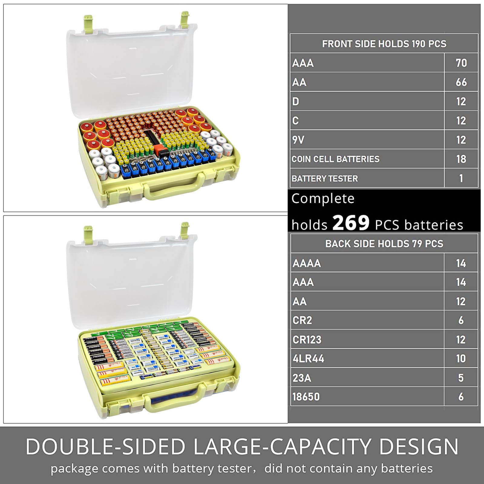 Lime green 269-slot battery organizer case capacity chart for 269 battery slots