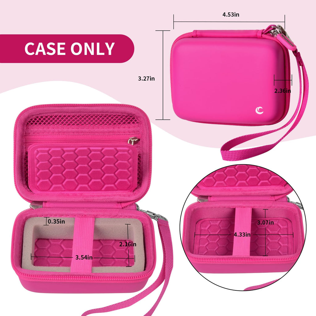 Open magenta camera case with internal dimensions and wrist strap; case only