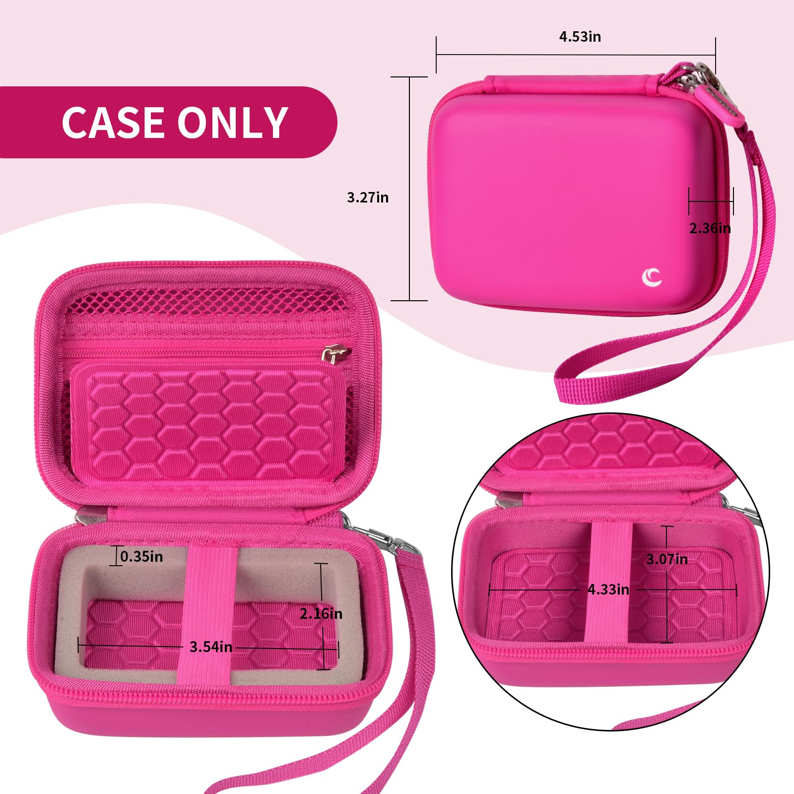 Open magenta camera case with internal dimensions and wrist strap; case only