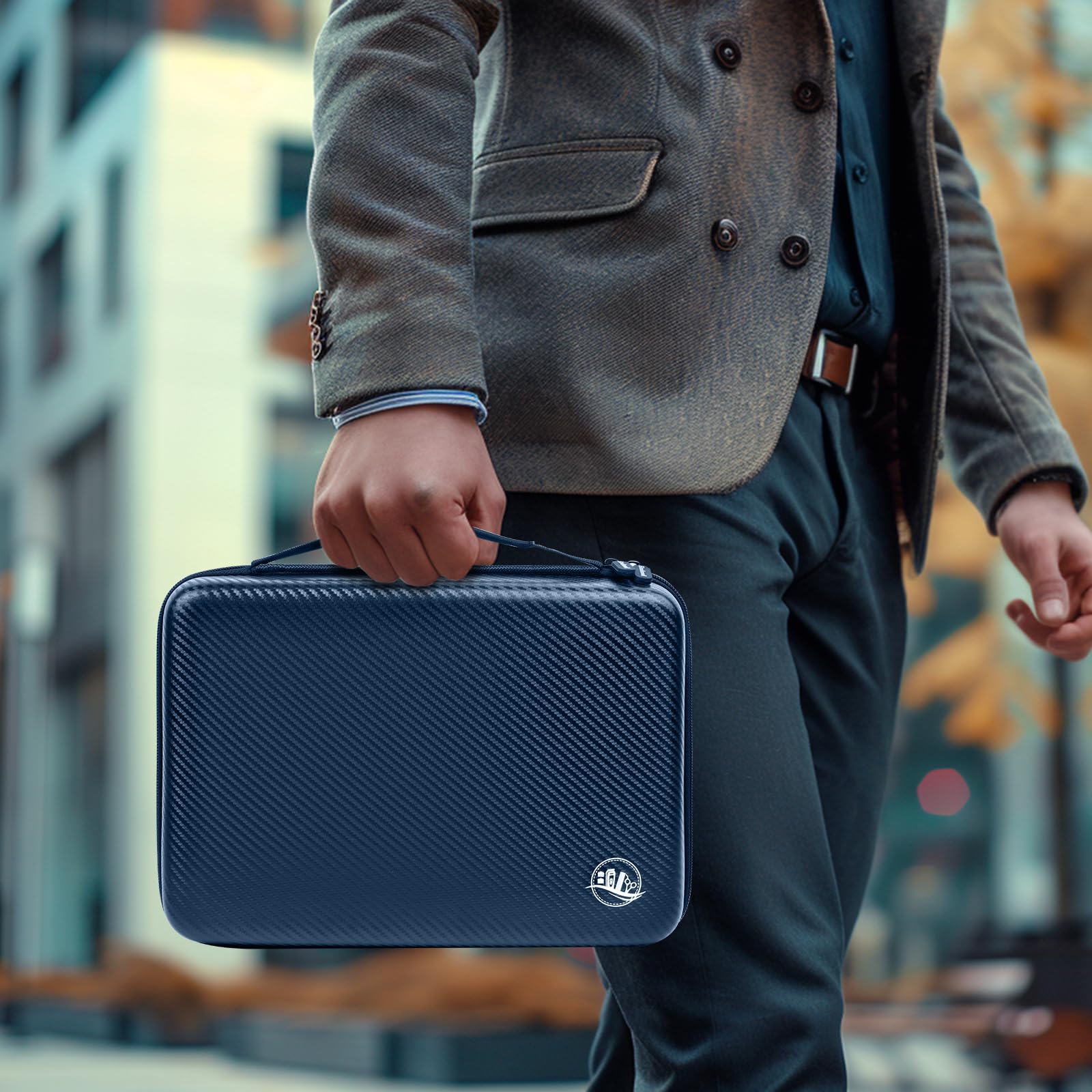 Person carrying the blue professional clipper case by its top handle