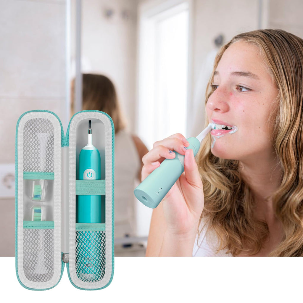 Woman brushing beside the open white and teal toothbrush travel holder