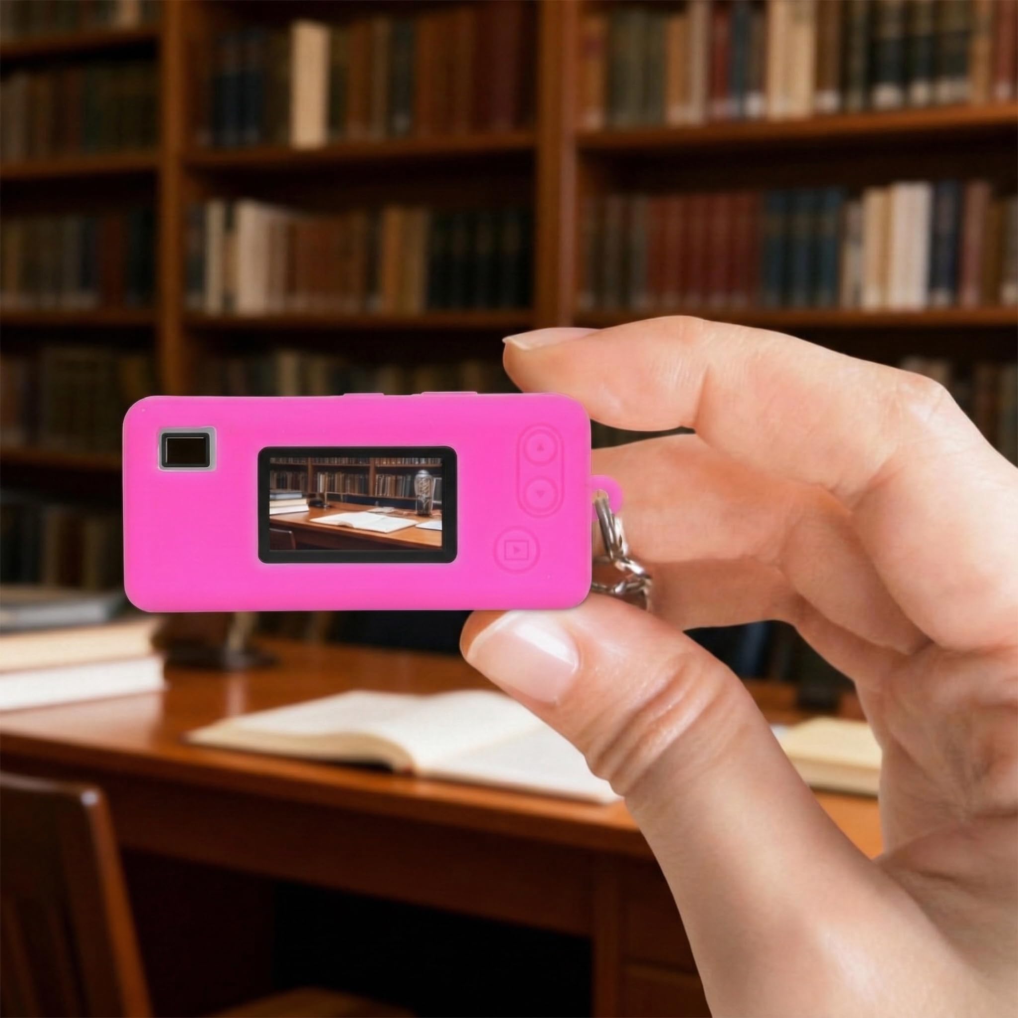 Hot pink silicone case for Kodak Charmera keychain camera shown on the camera while taking a photo indoors