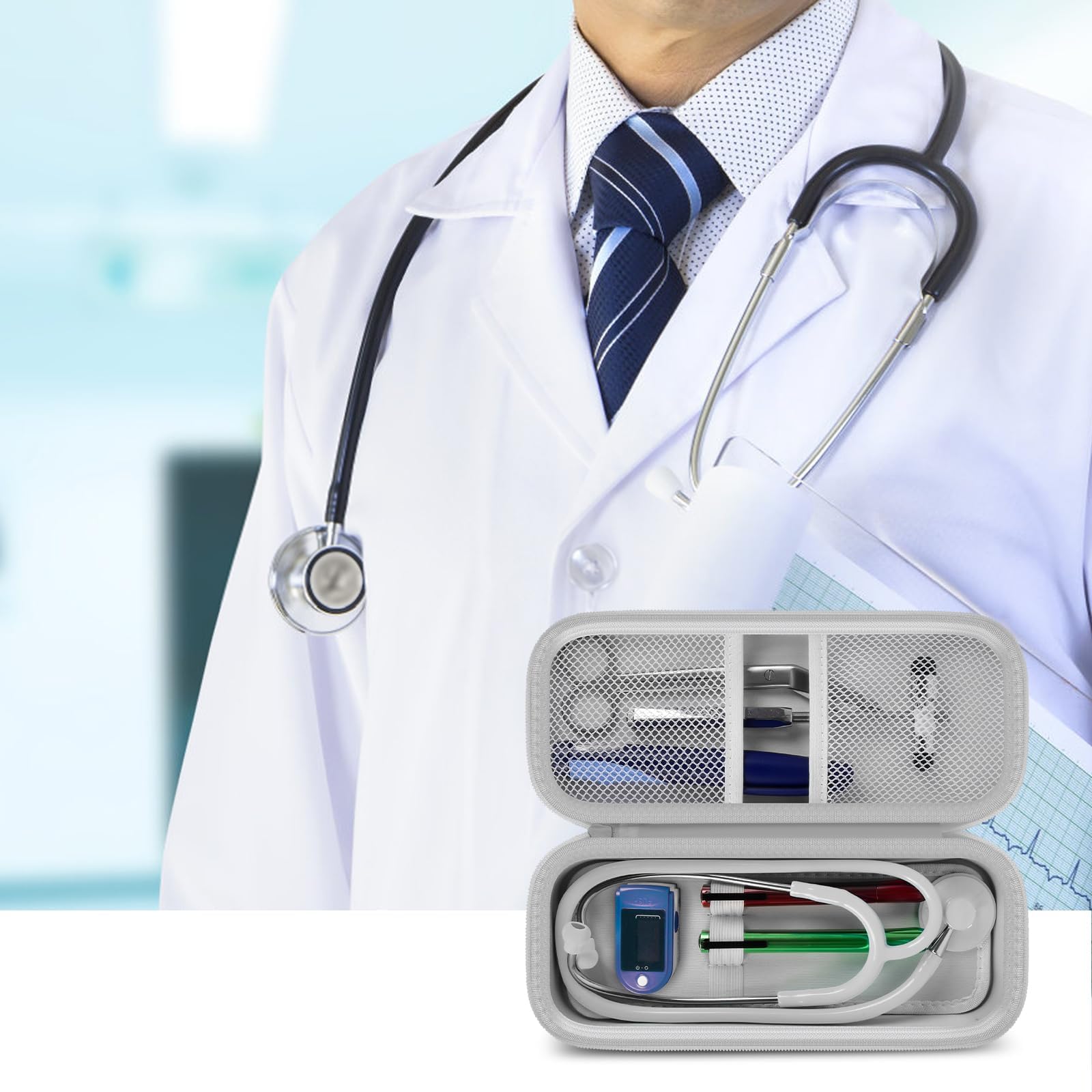 Doctor with an open gray stethoscope organizer case for medical accessories