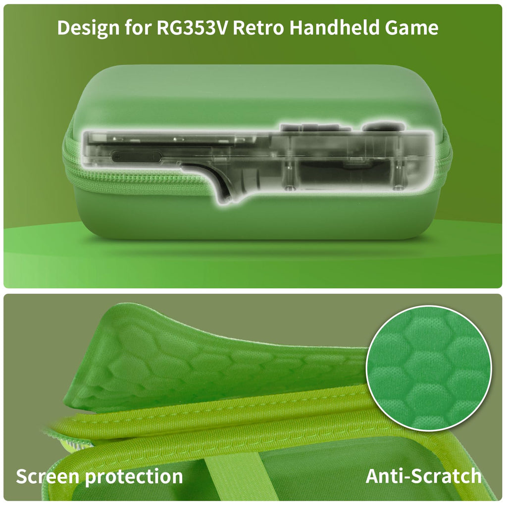 Green retro handheld console carrying case protective molded shell and scratch-resistant lining detail