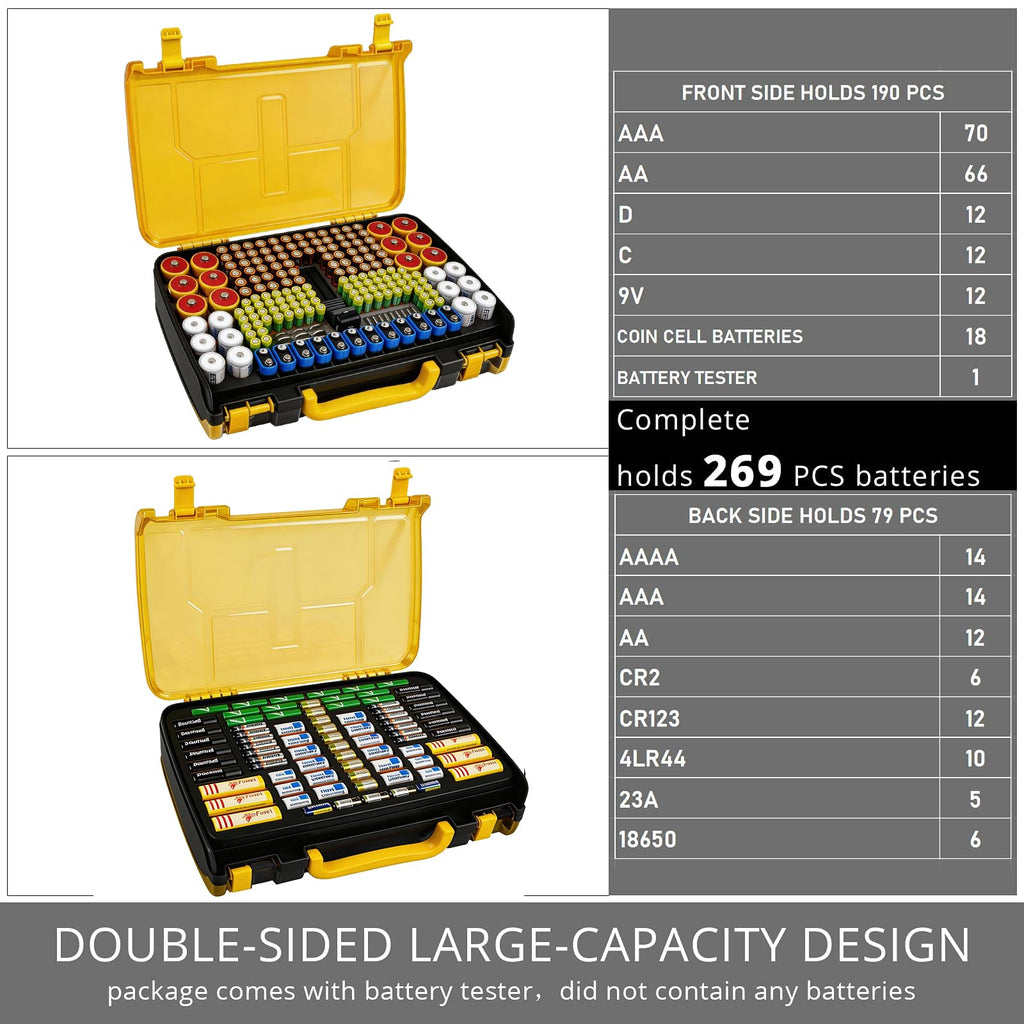 Yellow and black 269-slot battery organizer case capacity chart for 269 battery slots
