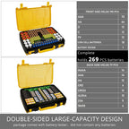 Yellow and black 269-slot battery organizer case capacity chart for 269 battery slots