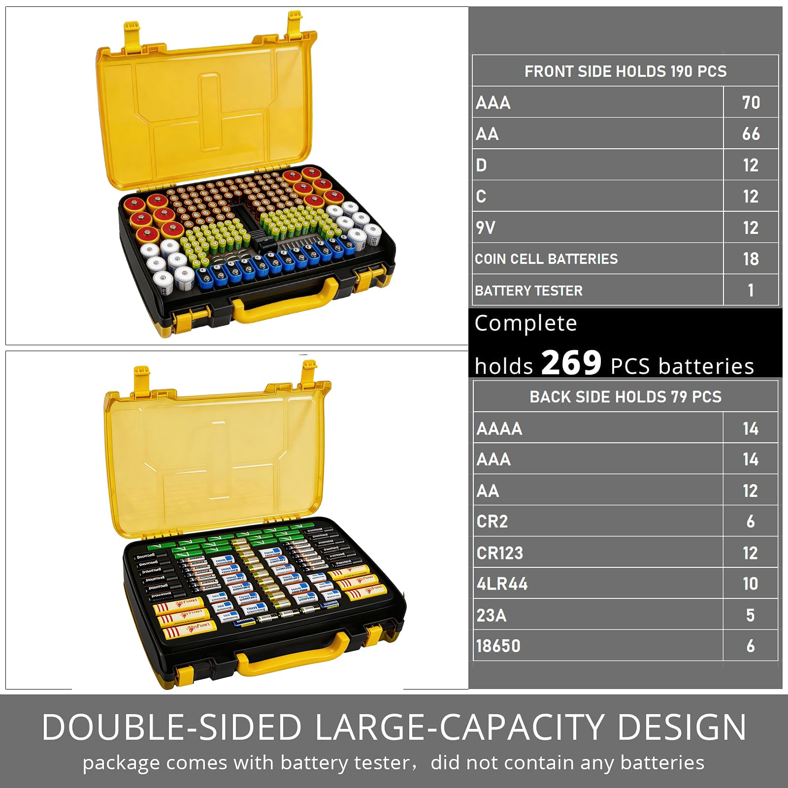 Yellow and black 269-slot battery organizer case capacity chart for 269 battery slots