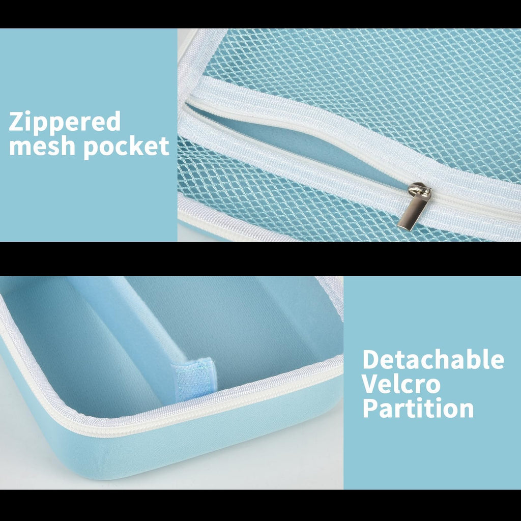 Light blue label maker case interior with zippered mesh pocket and removable partition