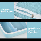 Light blue label maker case interior with zippered mesh pocket and removable partition