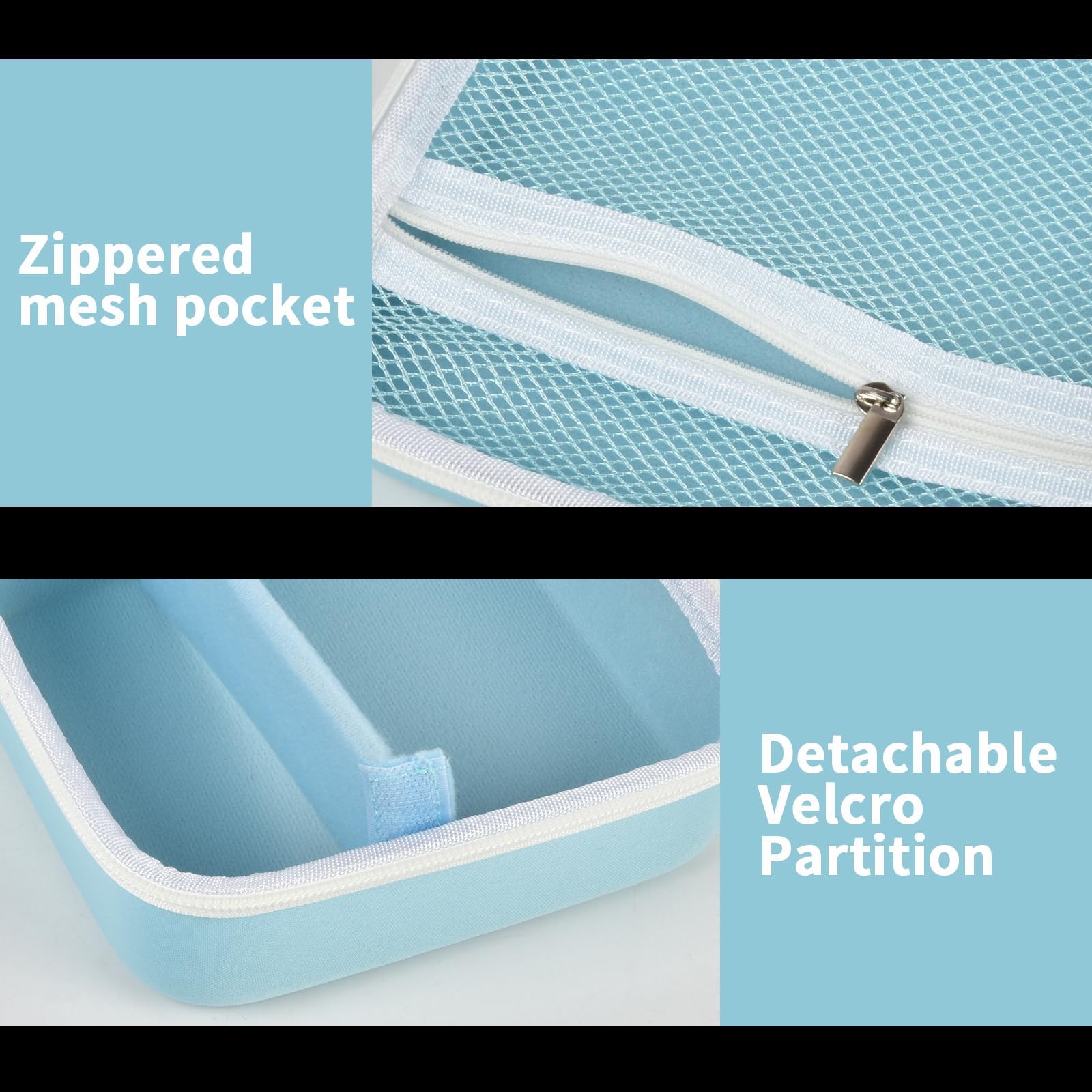 Light blue label maker case interior with zippered mesh pocket and removable partition