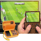 Orange retro handheld console carrying case shown open beside a handheld console during gameplay