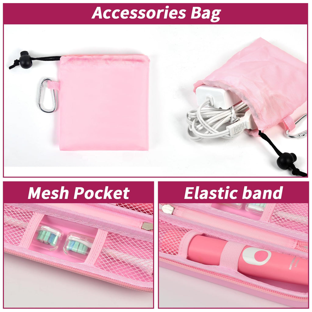 Pink slim toothbrush case with accessory pouch, mesh pocket, and elastic retaining band