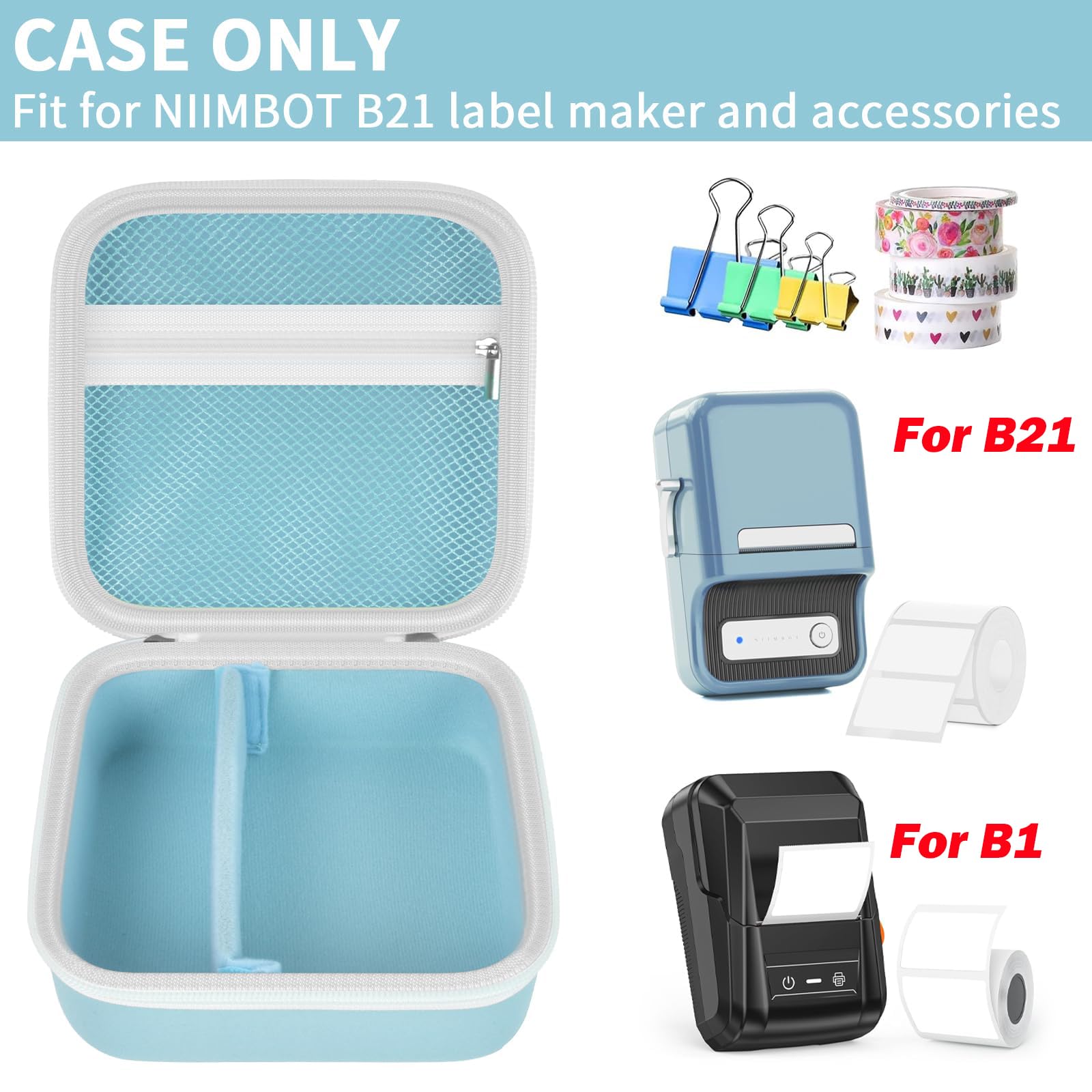 Open light blue NIIMBOT B21 and B1 label maker case with mesh pocket and divided interior; case only