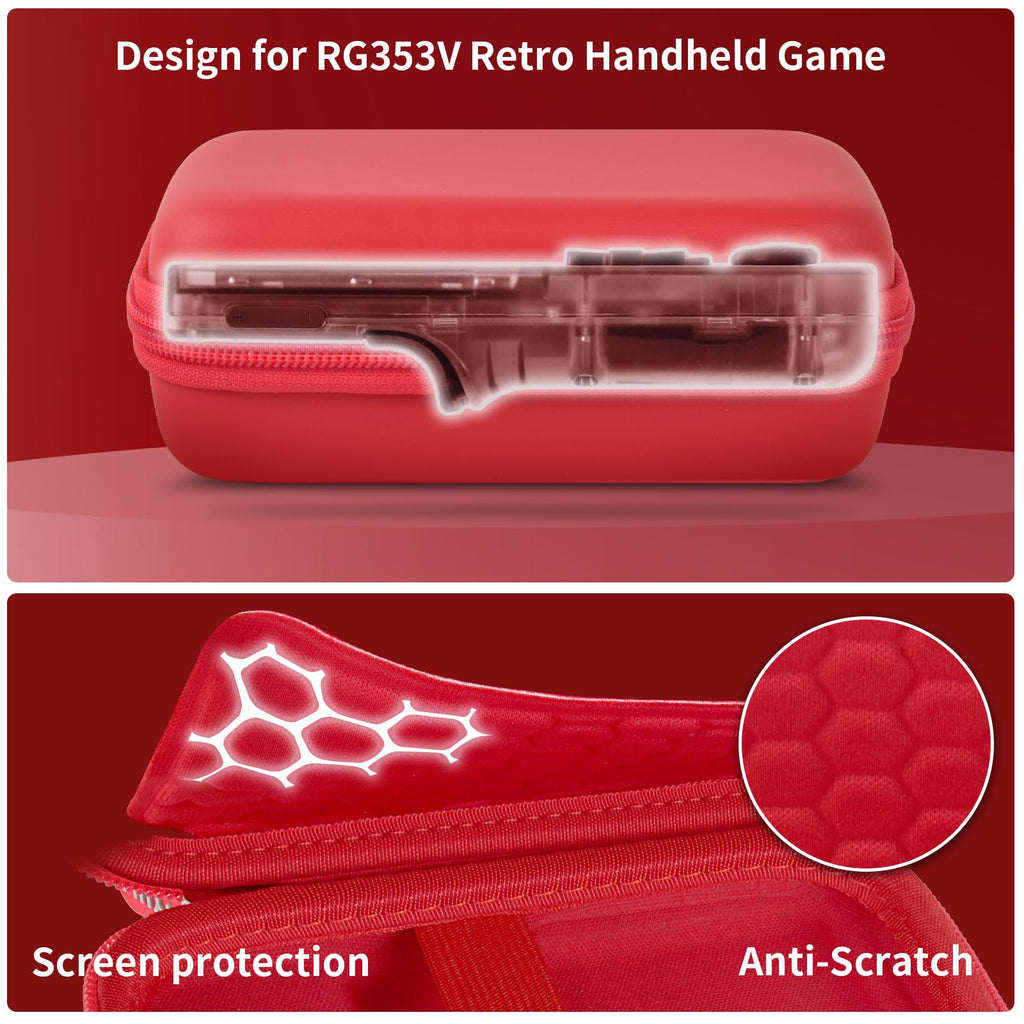 Red retro handheld console carrying case protective molded shell and scratch-resistant lining detail