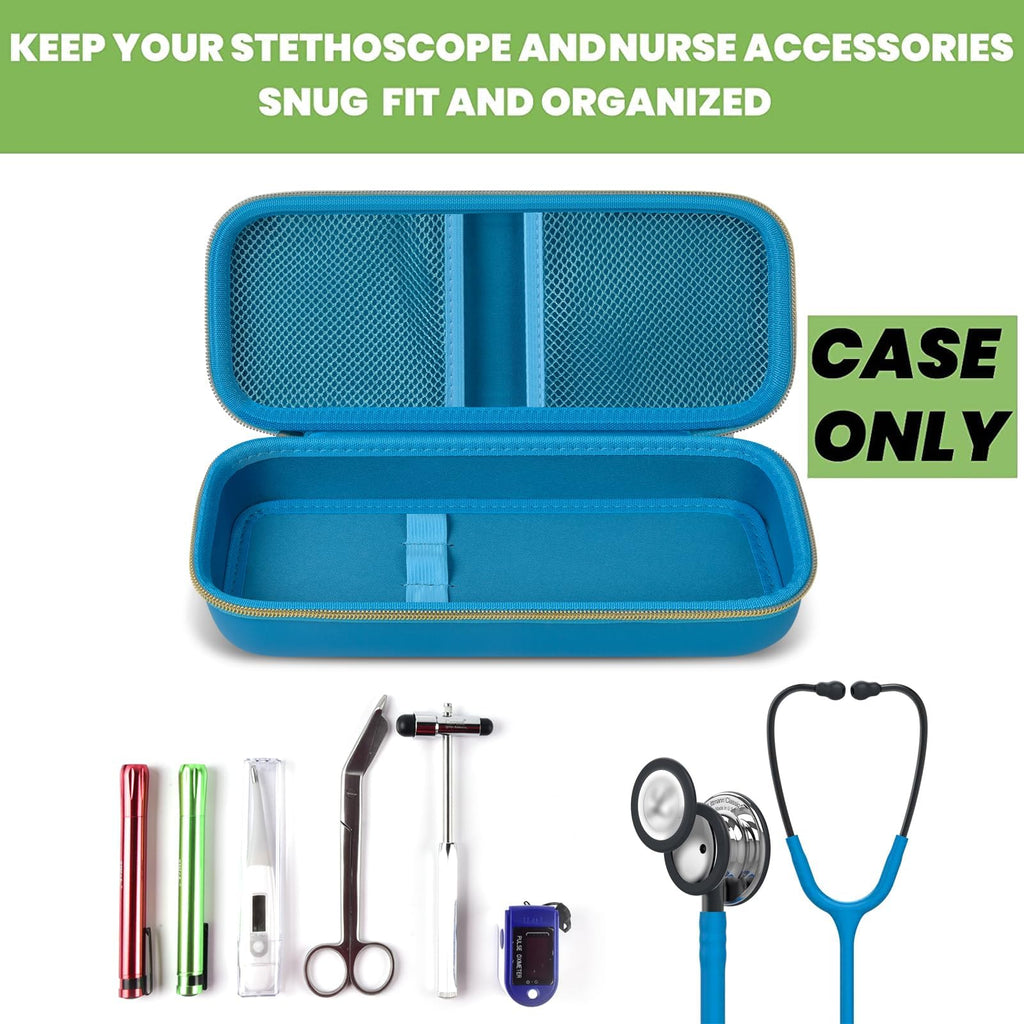 Open blue hard stethoscope case with organized compartments for medical accessories