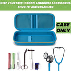 Open blue hard stethoscope case with organized compartments for medical accessories