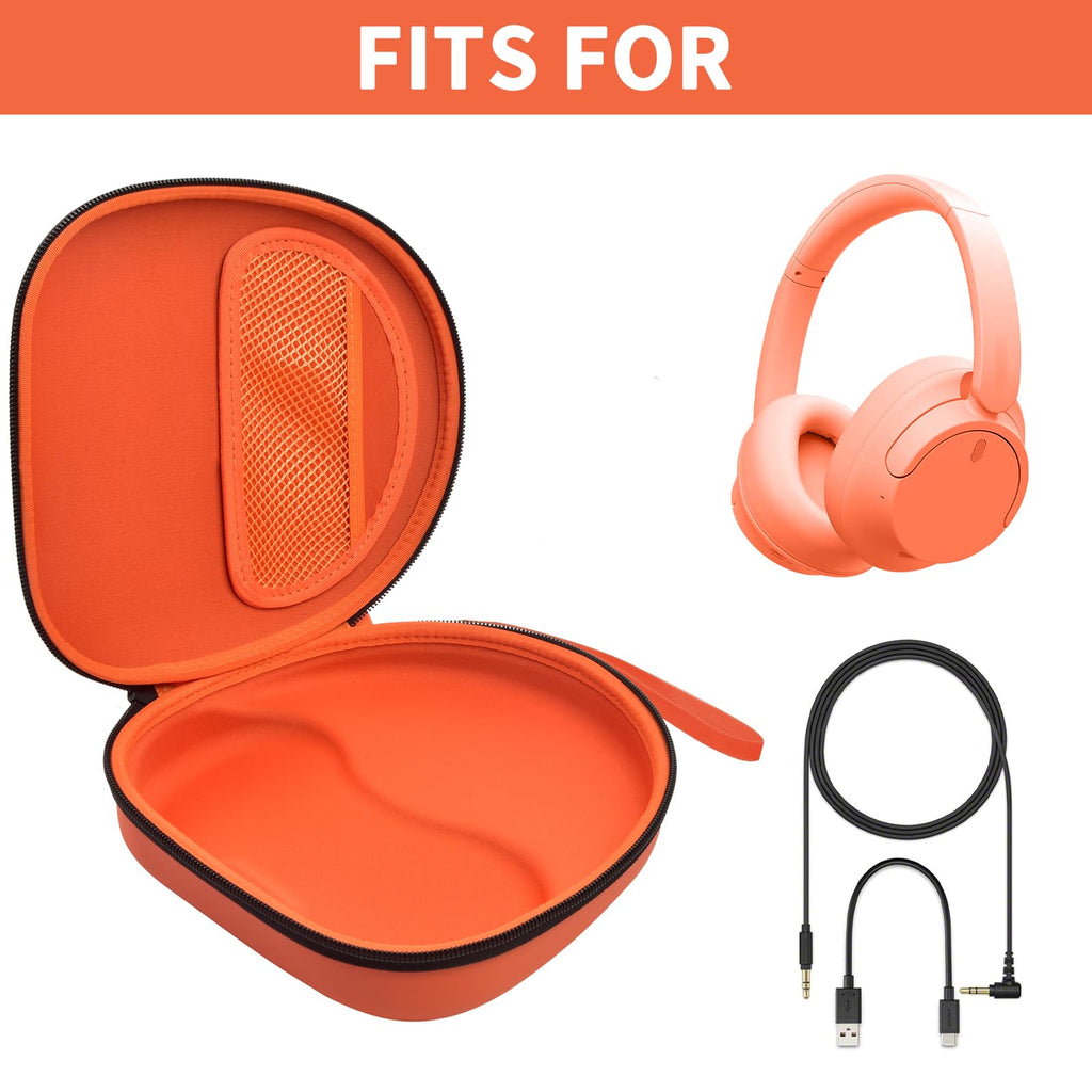 Open orange headphone case shown with compatible Sony and JBL over-ear headphones