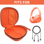 Open orange headphone case shown with compatible Sony and JBL over-ear headphones