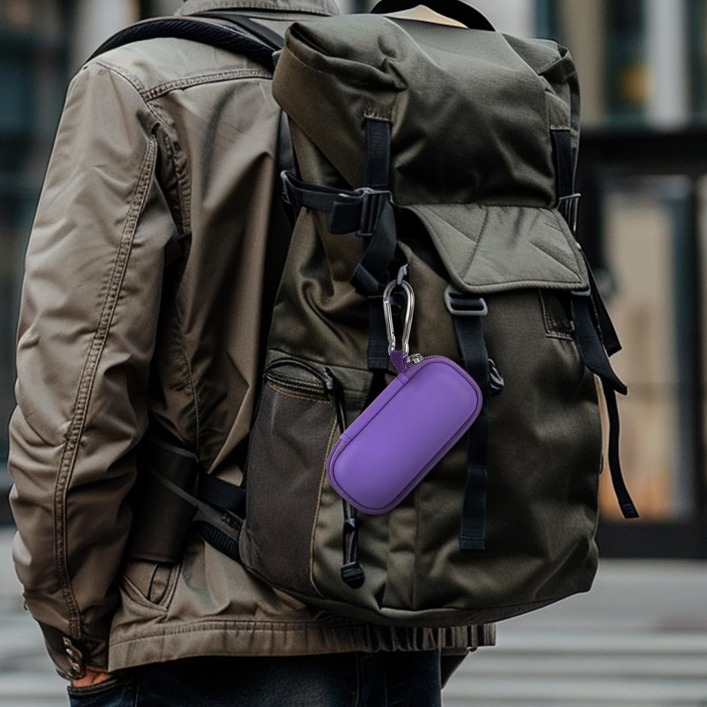 Purple USB flash drive and SD card storage case clipped to a backpack