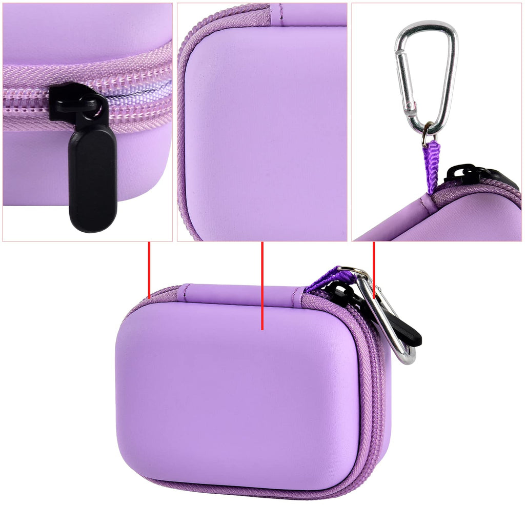 Purple mini power bank case with protective shell, zipper, and carabiner details
